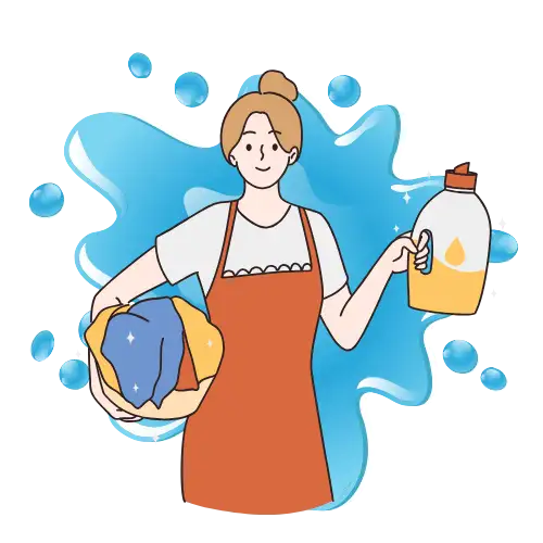 Smiling mom holding detergent and clothes, helping with laundry