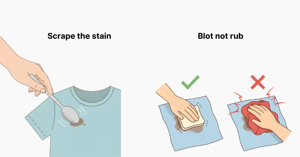 Illustration showing two laundry stain removal methods: on the left, scraping a stain with a spoon and blotting with a cloth, and on the right, an example of rubbing the stain which is marked as incorrect.