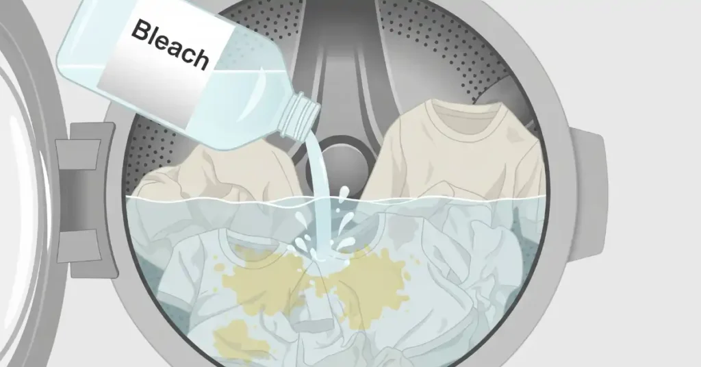 Vector illustration showing the overuse of bleach in a washing machine, causing dull yellow and light brown stains on neutral-colored clothes. Bleach is being poured into the water.