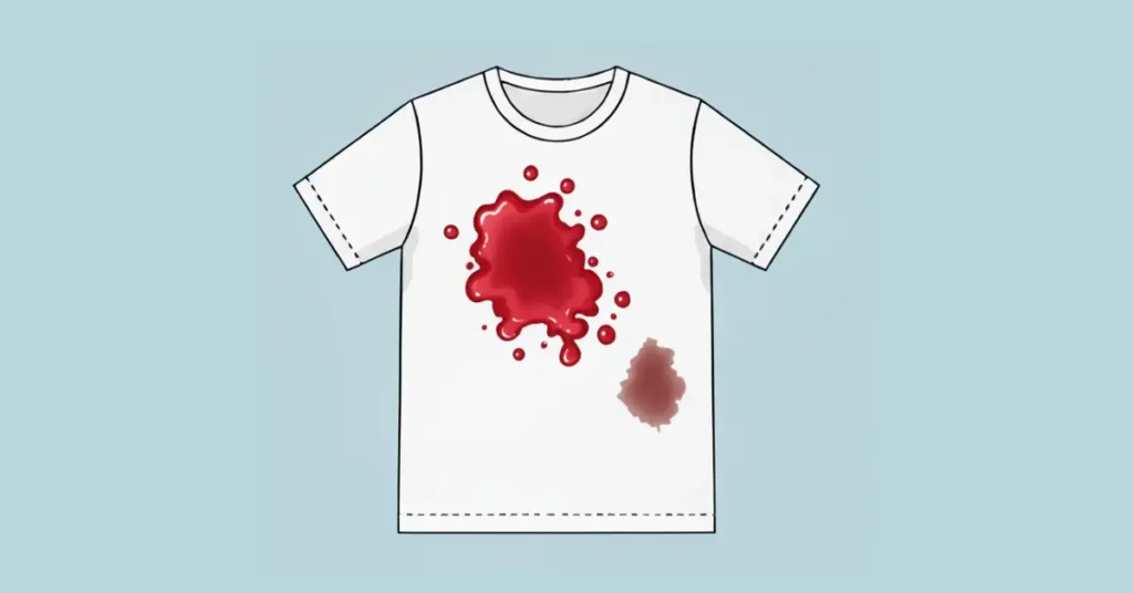 White T-shirt with a bright red fresh blood stain on the chest and a brownish dried blood stain near the sleeve