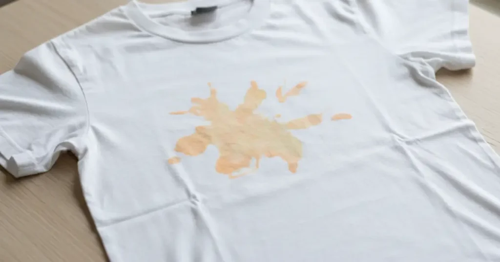 White t-shirt with orange sunscreen and body oil stain on the chest, casual phone photo.