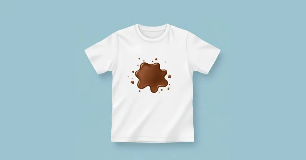 White T-shirt with a medium brown chocolate stain on the chest and small chocolate spots around it