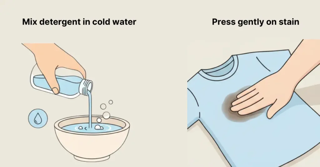 “Illustration showing how to remove stains from delicate fabrics: mixing a small amount of detergent in cold water and gently pressing it onto the stain on a T-shirt.