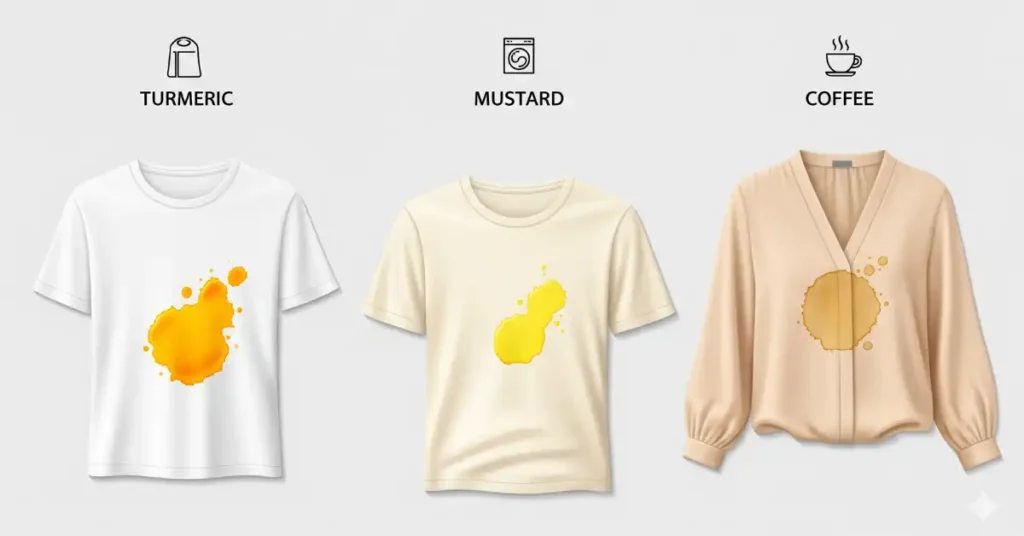 Professional infographic of three different food and drink stains on light-colored clothes: a bright yellow turmeric stain, a yellow mustard stain, and a brown coffee stain