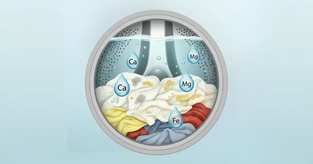 Vector illustration of hard water effects on clothes in a washing machine, showing mineral build-up (Calcium, Magnesium, Iron) causing dull, yellow, gray, and rust-colored stains on fabric.