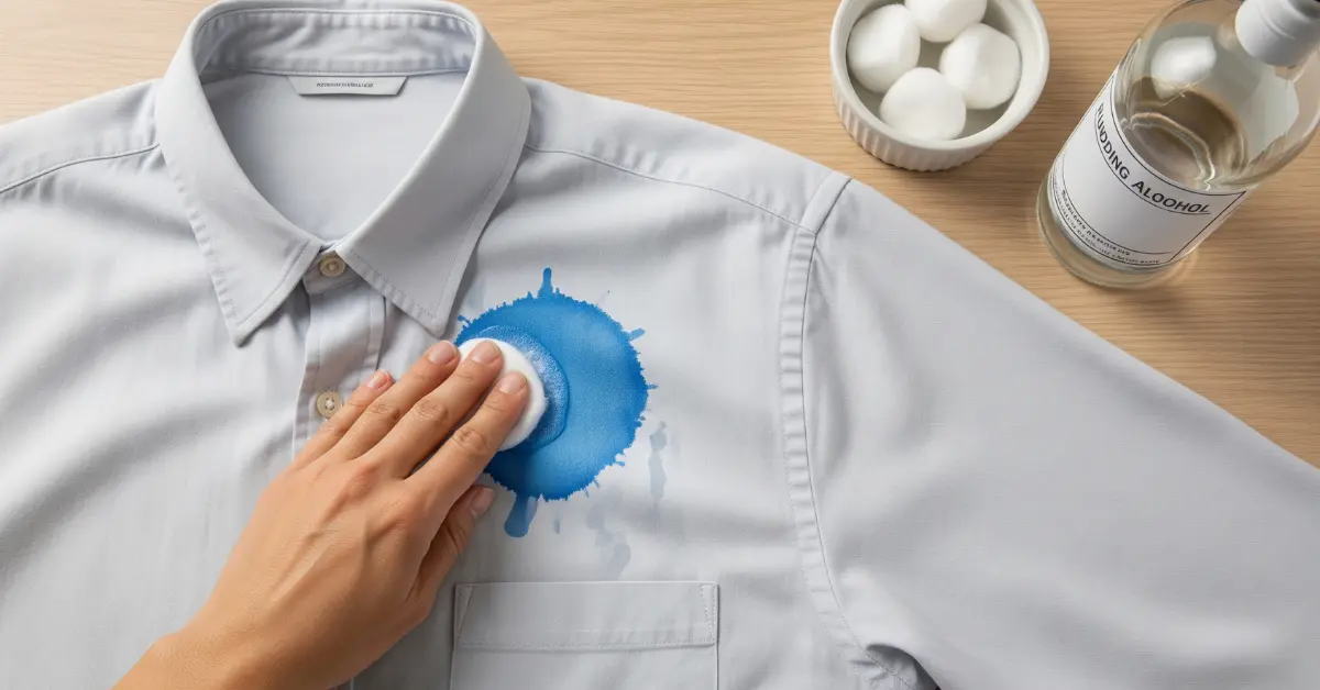 A hand dabbing a large, circular blue ink stain on a light-colored cotton shirt with a cotton ball soaked in rubbing alcohol. A bottle of rubbing alcohol and cotton balls are visible in the background.