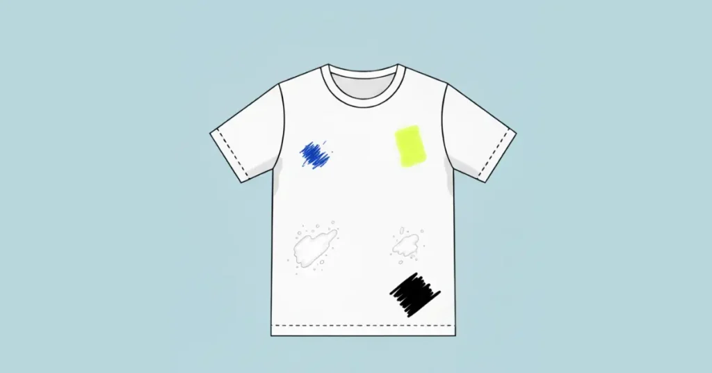 White T-shirt with blue pen stain, dark marker stain, and yellow highlighter stain