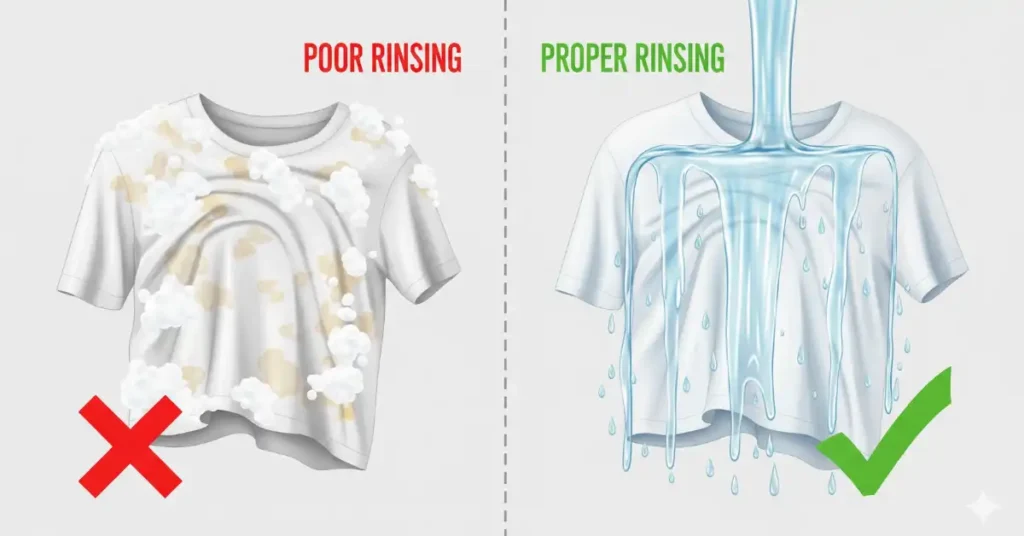 Professional infographic showing the effects of poor rinsing habits on laundry, with a red cross on a poorly rinsed, stained shirt and a green check on a clean shirt under running water.
