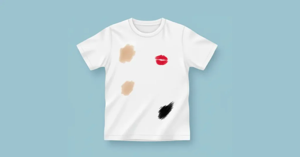 White T-shirt with beige foundation stain on the chest, red lipstick stain near the collar, and black mascara/eyeliner stain near the sleeve