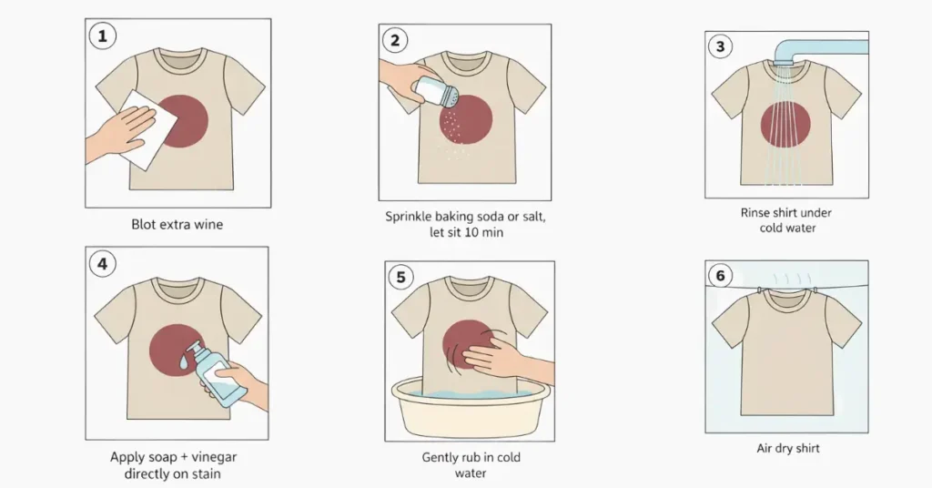 Step-by-step vector illustration showing how to remove a red wine stain from a flat shirt: 1) blot extra wine with paper towel, 2) sprinkle baking soda or salt, 3) rinse with cold water, 4) apply dish soap and vinegar, 5) gently rub in cold water, 6) air dry shirt.
