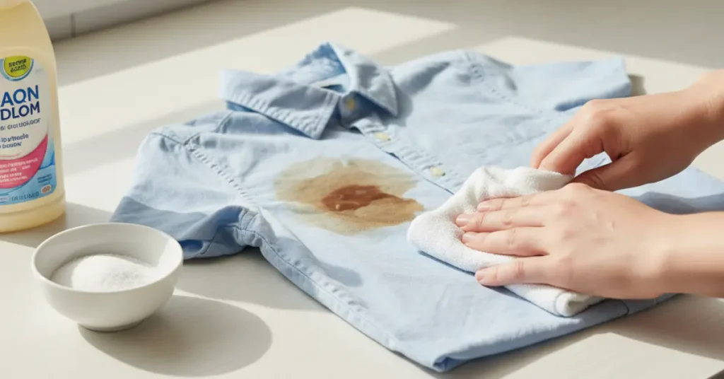 Hands blotting a coffee stain on an adult shirt at home with a damp cloth, surrounded by liquid detergent and baking soda, showing how to remove tough stains from clothes.
