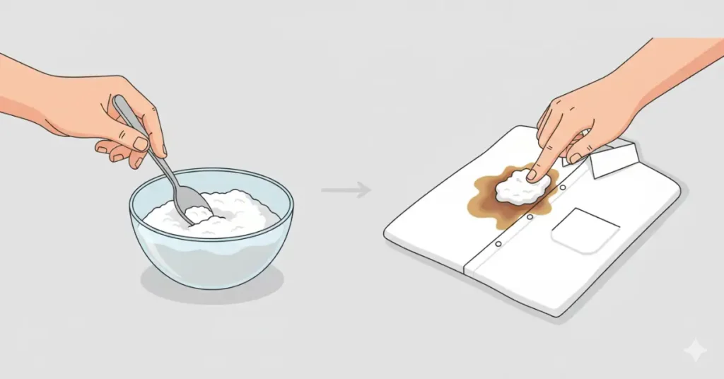 Two illustrations: one showing a hand stirring baking soda and water in a bowl to make a paste, and another showing a hand applying the paste to a stain on a white cloth.