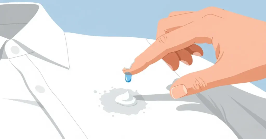 A hand applying liquid detergent or a baking soda paste to a visible stain on a white cloth.