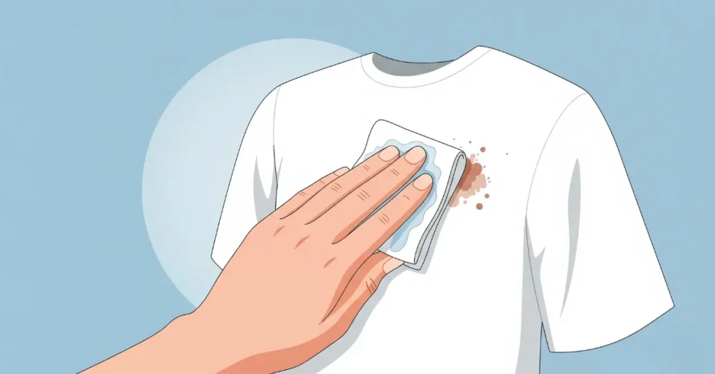 A hand gently blotting a stain on a white shirt with a damp, clean cloth.