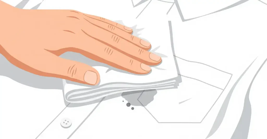 A hand blotting a stain on a white shirt with a clean, folded paper towel.
