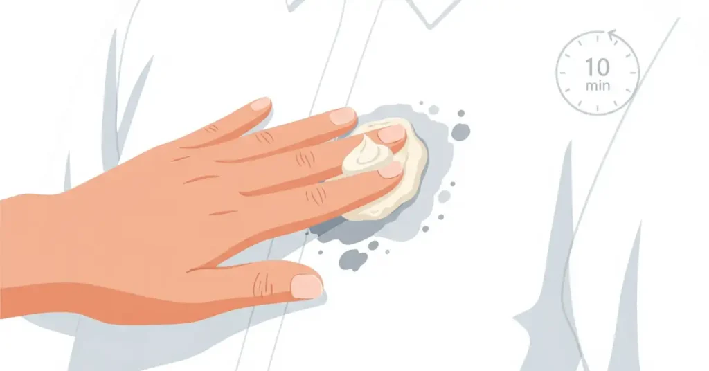 A hand rubbing a stain on a white shirt with a paste, with a clock icon indicating a 10-minute wait time.