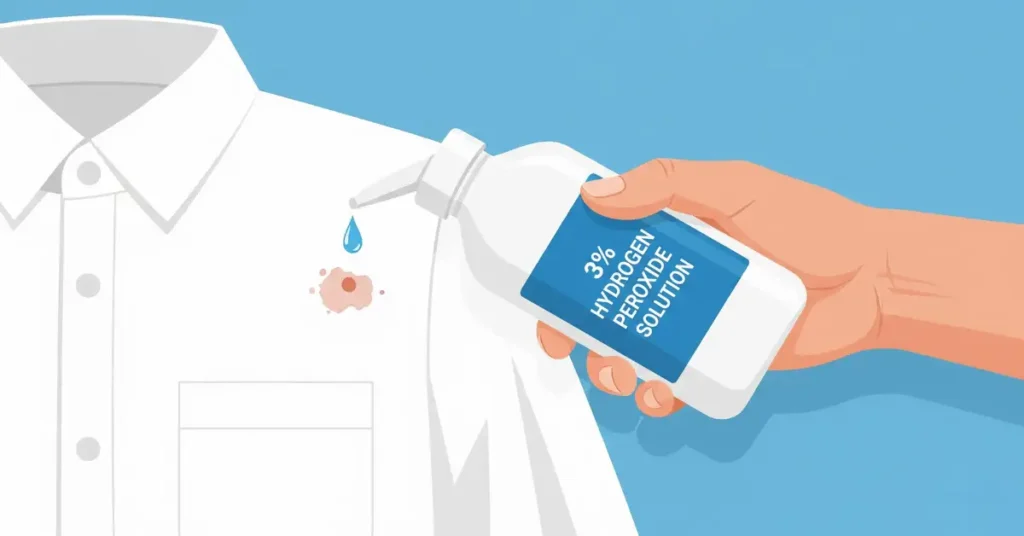 A hand applying a 3% hydrogen peroxide solution from a bottle directly onto a blood or reddish stain on a white shirt.
