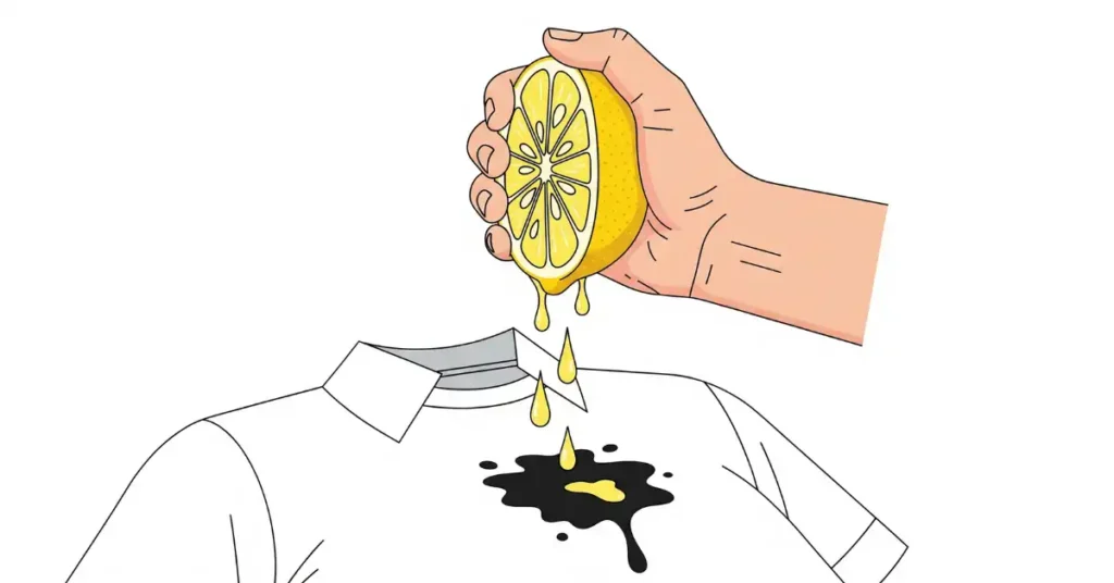 A hand squeezing half a lemon, with drops of lemon juice falling onto a dark stain on a white shirt.