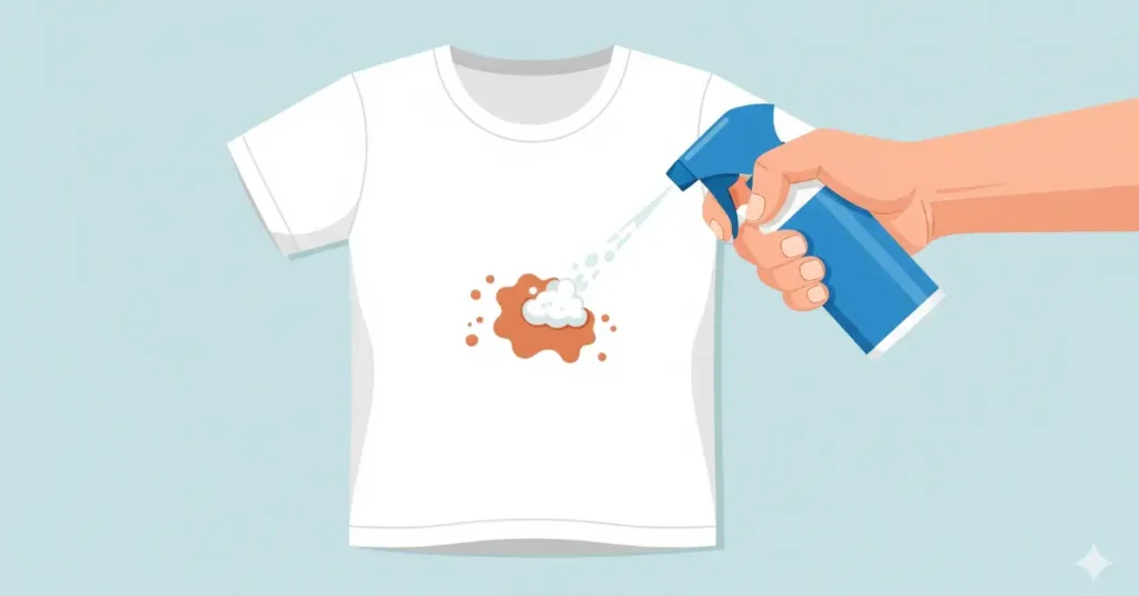 A hand spraying a stain remover product onto a visible coffee stain on a white t-shirt.
