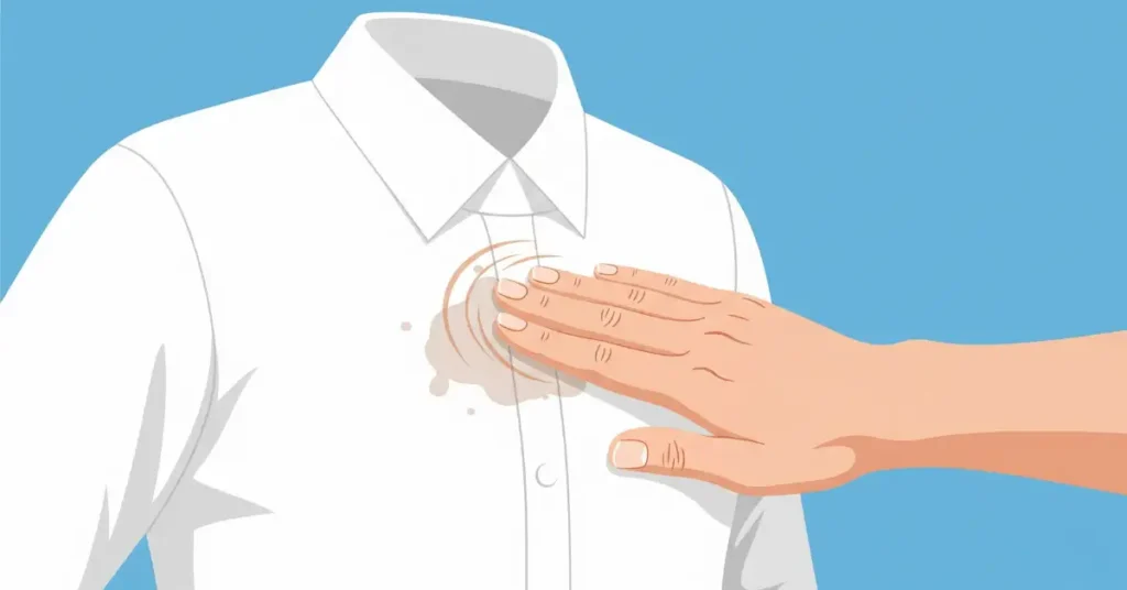 A hand gently rubbing a stained area on a white shirt in a circular motion to work in a cleaning solution.