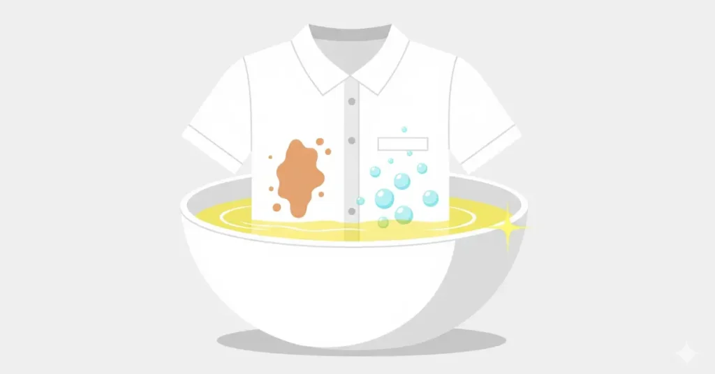 A white shirt with a brown stain soaking in a bowl of clear yellow liquid representing lemon water, with bubbles and a sparkle effect indicating cleaning.