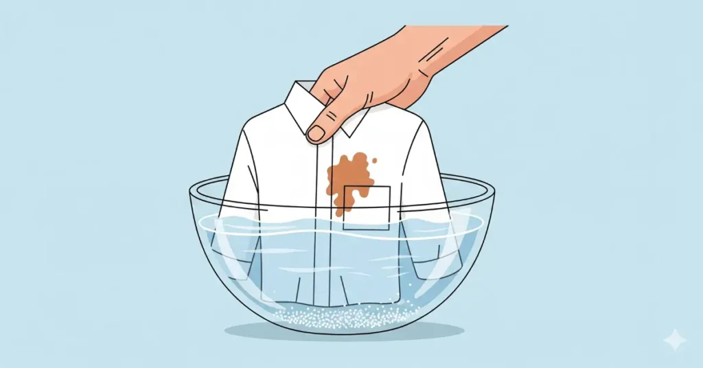 A hand submerging a stained white shirt into a glass bowl filled with cold salt water.