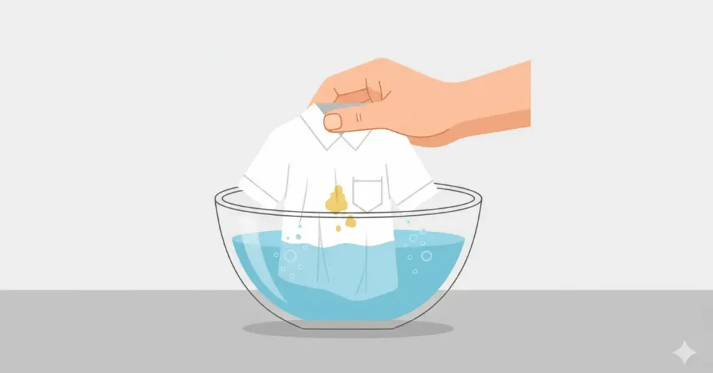 A hand submerging a white shirt with a visible stain into a bowl of a vinegar and water solution.
