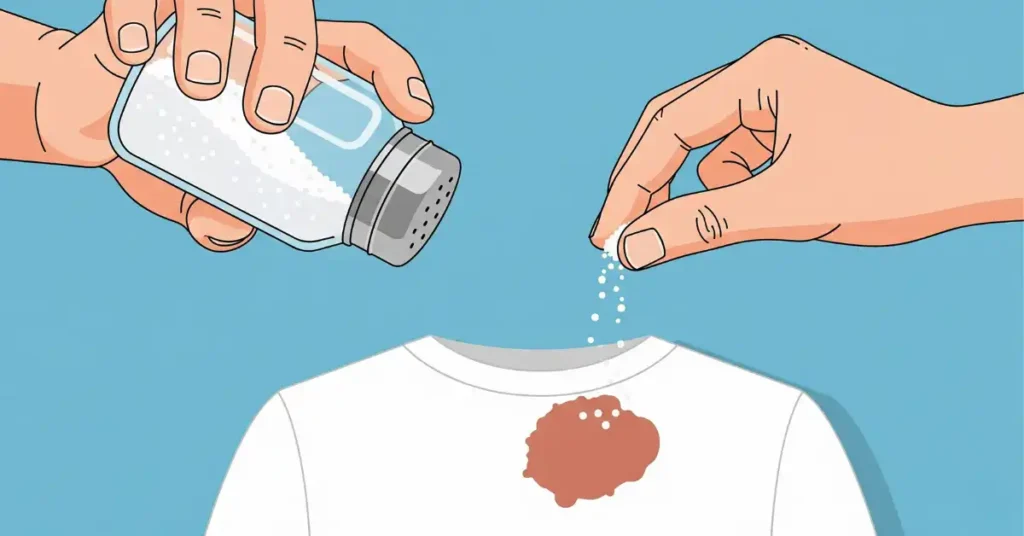 A hand sprinkling white salt granules from fingertips onto a red stain on a white cloth.