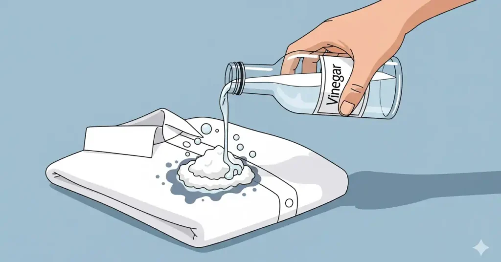 A hand pouring vinegar from a bottle onto a baking soda paste on a folded white shirt, creating a fizzing bubble reaction.