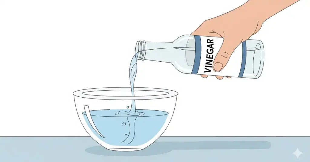 A hand pouring vinegar from a bottle into a bowl of water to create a cleaning solution.