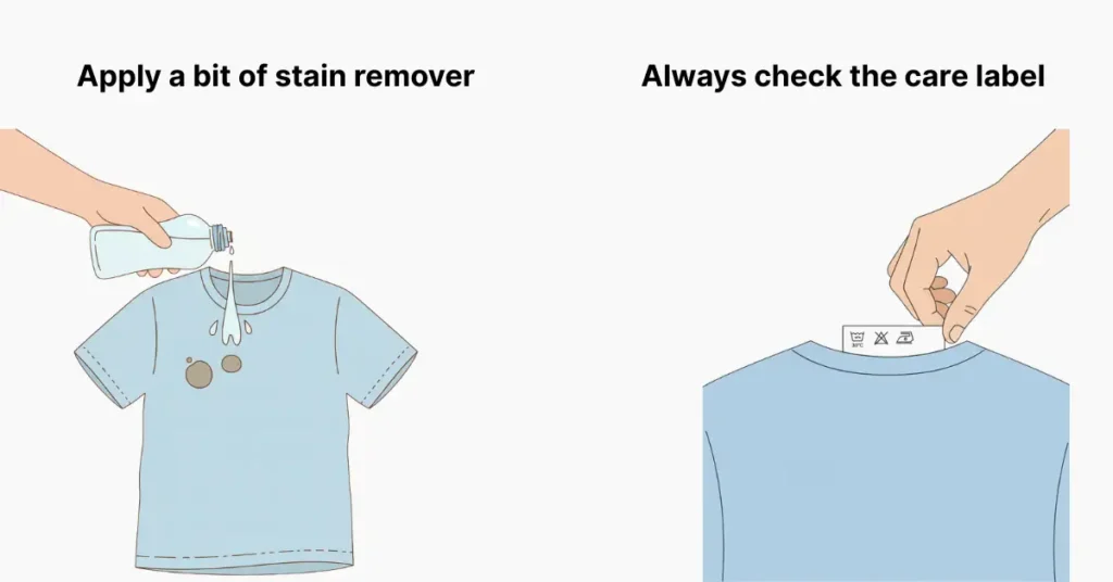 Vector illustration showing how to remove stubborn stains from clothes by applying liquid detergent directly on the stain and checking the care label inside the collar for correct water temperature.