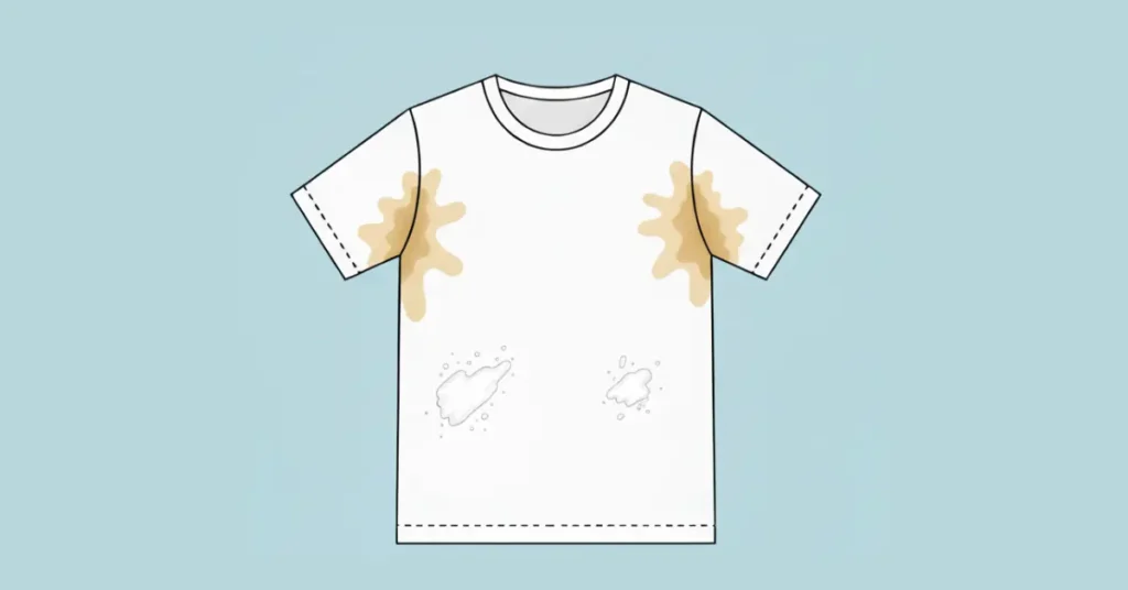 White T-shirt showing yellow sweat stains under armpits and white deodorant marks on the side