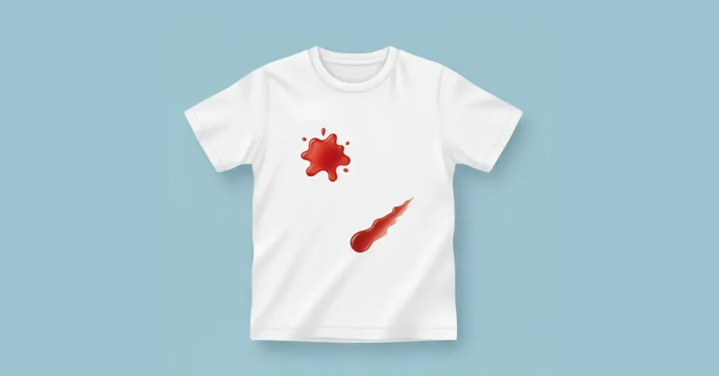 White T-shirt with a small bright red tomato stain and a natural darker ketchup stain