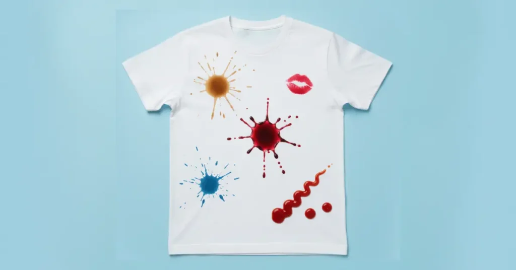 Different types of stains on a white shirt including coffee, wine, ink, lipstick, and ketchup on a solid light blue background