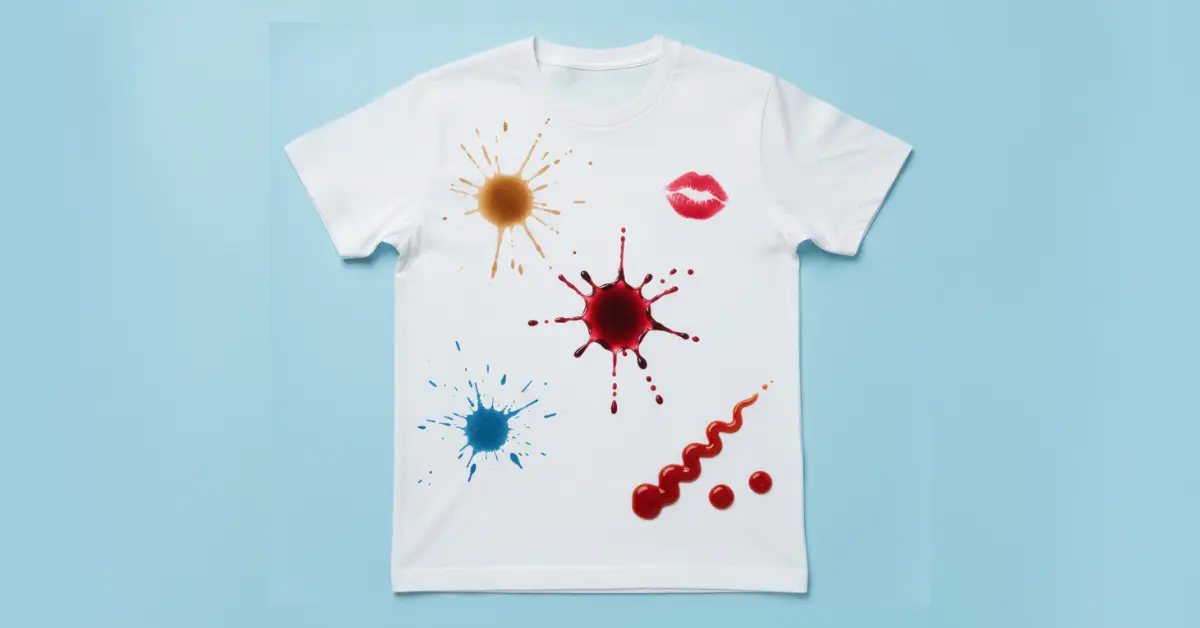 Different types of stains on a white shirt including coffee, wine, ink, lipstick, and ketchup on a solid light blue background
