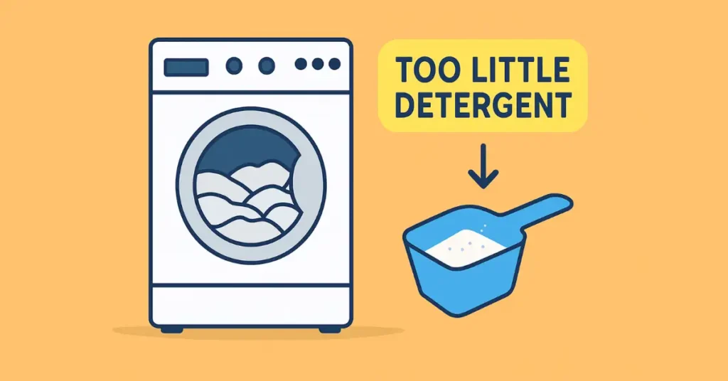 Illustration of a washing machine with clothes showing yellow stains caused by using too little detergent