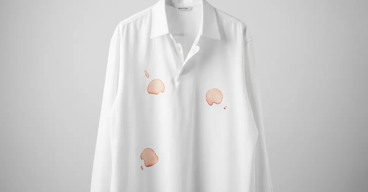 A close-up of a white shirt with visible coffee and wine stains on the front.