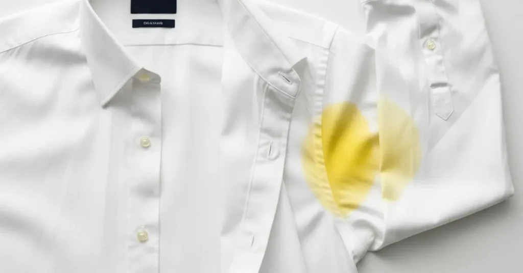 White cotton shirt with yellow sweat stains on the underarm and collar.