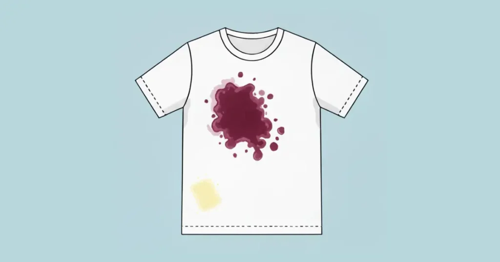 White T-shirt with a dark red wine stain on the chest and a faint yellow white wine stain near the bottom