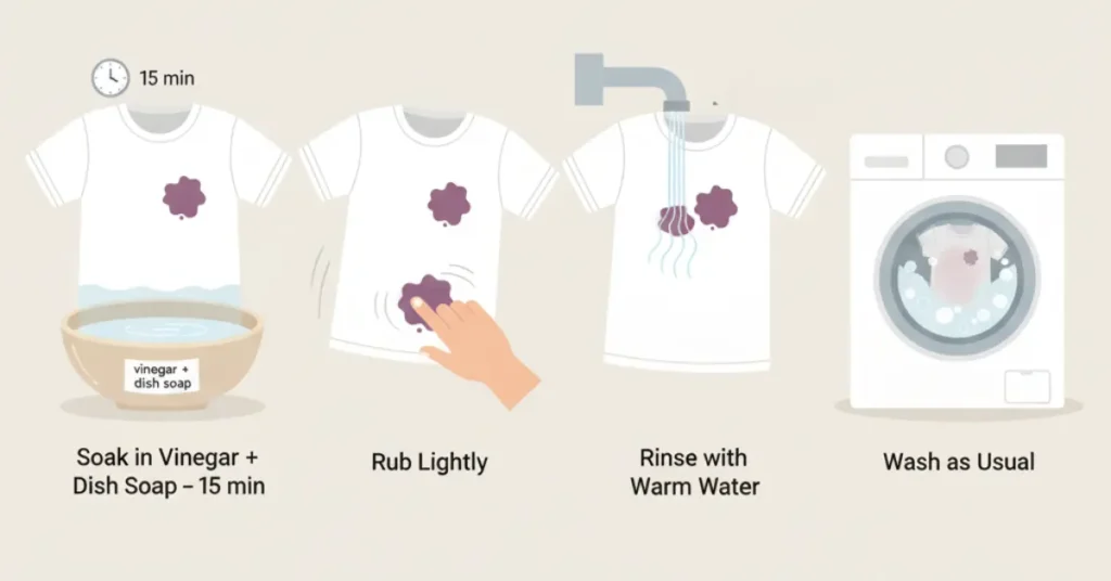 Illustration showing how to remove berry juice stains from clothes: soak fabric in vinegar and dish soap, rub lightly, rinse with warm water, and wash as usual.

