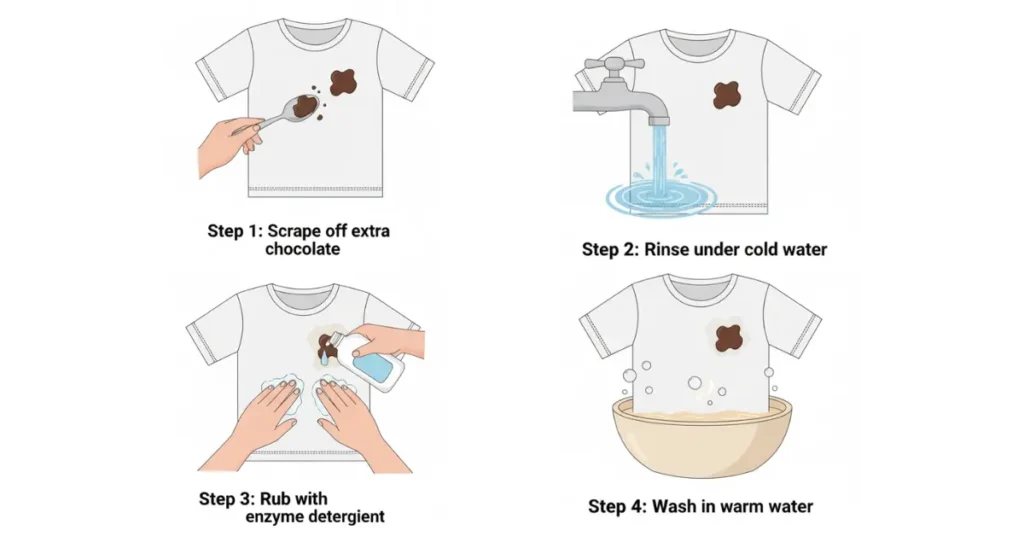 Step-by-step illustration showing how to remove chocolate stains from clothes: scrape off extra chocolate, rinse the stain under cold water, rub with enzyme detergent, and wash in warm water.