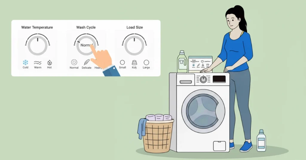 A person adjusting the settings on a front-load washing machine to choose the right water temperature, wash cycle, and load size for laundry.