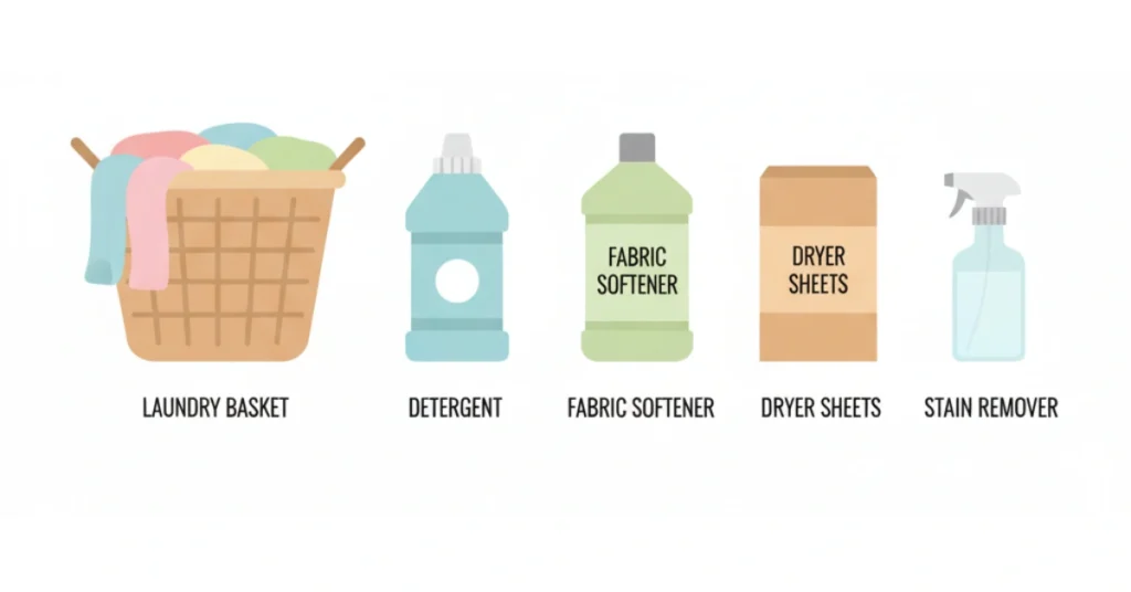 Gathering laundry essentials tools like detergent, basket, and fabric softener beside a washing machine before starting laundry.
