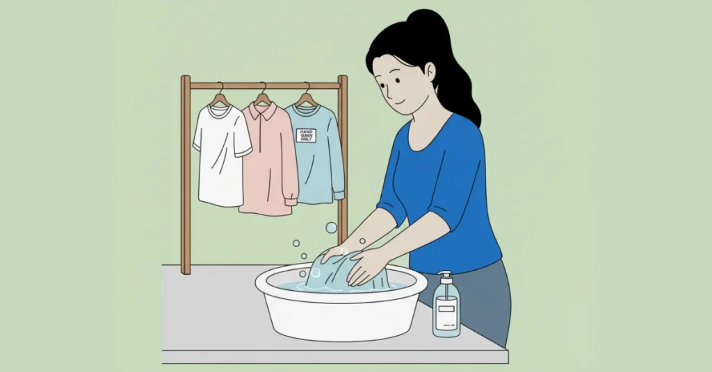 A beginner hand-washing clothes in a basin with gentle detergent, rinsing and drying delicate fabrics like silk and lace.