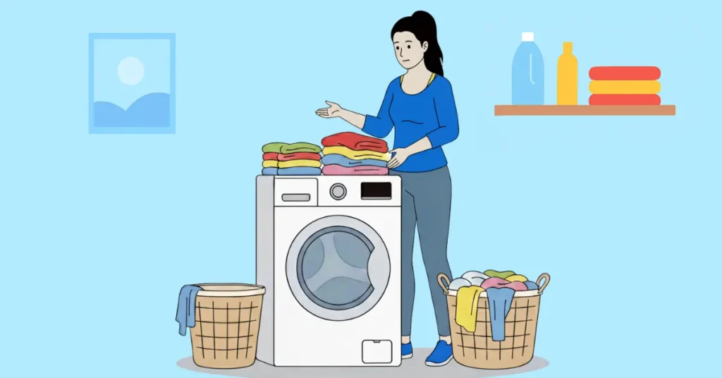 A woman doing laundry, sorting and folding clean clothes beside a washing machine — how to do laundry for beginners.