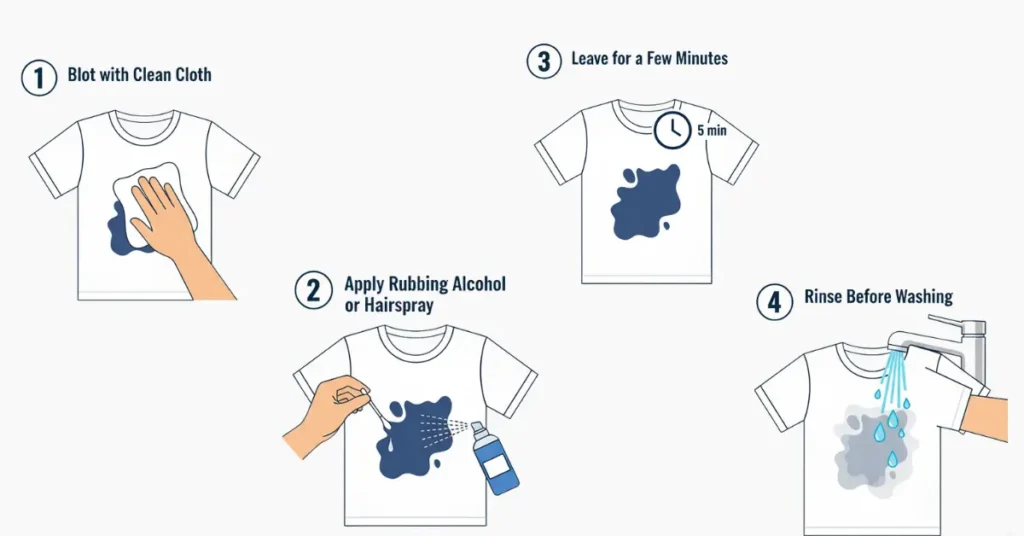 Step-by-step vector illustration showing how to remove ink stains from clothes. A white T-shirt with an ink stain is blotted with a cloth, treated with rubbing alcohol or hairspray using a cotton swab, left for a few minutes, and rinsed under cold water.