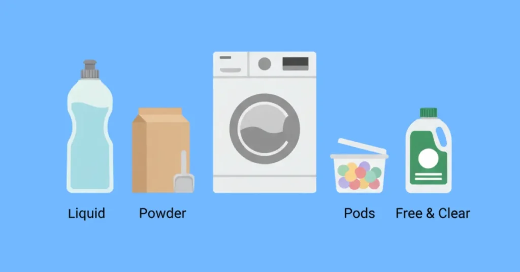 Flat vector illustration showing different types of laundry detergent including liquid, powder, and pods, labeled clearly