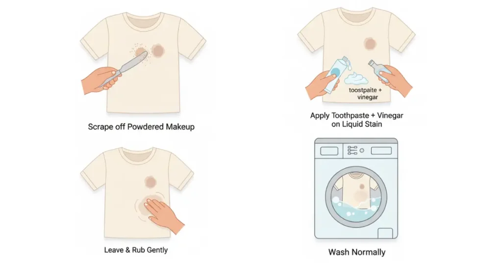 Illustration showing how to remove makeup stains from clothes: scrape off powdered makeup, apply toothpaste and vinegar on liquid makeup stains, rub gently, and wash normally.