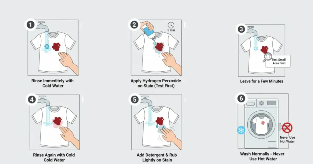 Step-by-step vector illustration showing how to remove blood stains from clothes, including rinsing with cold water, applying hydrogen peroxide, letting it sit, rinsing again, rubbing with detergent, and washing normally.