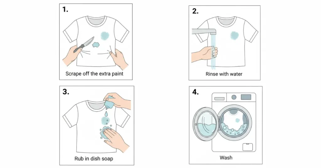 Step by step vector illustration showing how to remove fresh water-based paint stains from a white cotton T-shirt – scraping off excess paint, rinsing with water, applying dish soap directly on the stain, and washing the shirt.